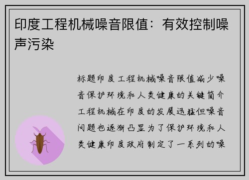 印度工程机械噪音限值：有效控制噪声污染