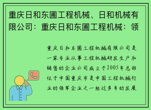 重庆日和东圃工程机械、日和机械有限公司：重庆日和东圃工程机械：领先行业的创新力与品质保障